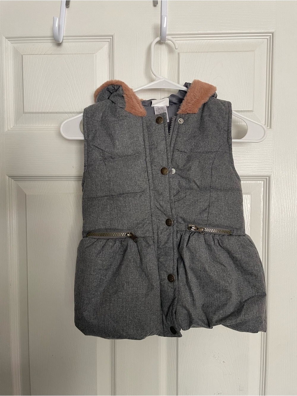 Nicole Miller Girls 6X Gray Hooded Puff Vest with Tan Faux Fur Trim